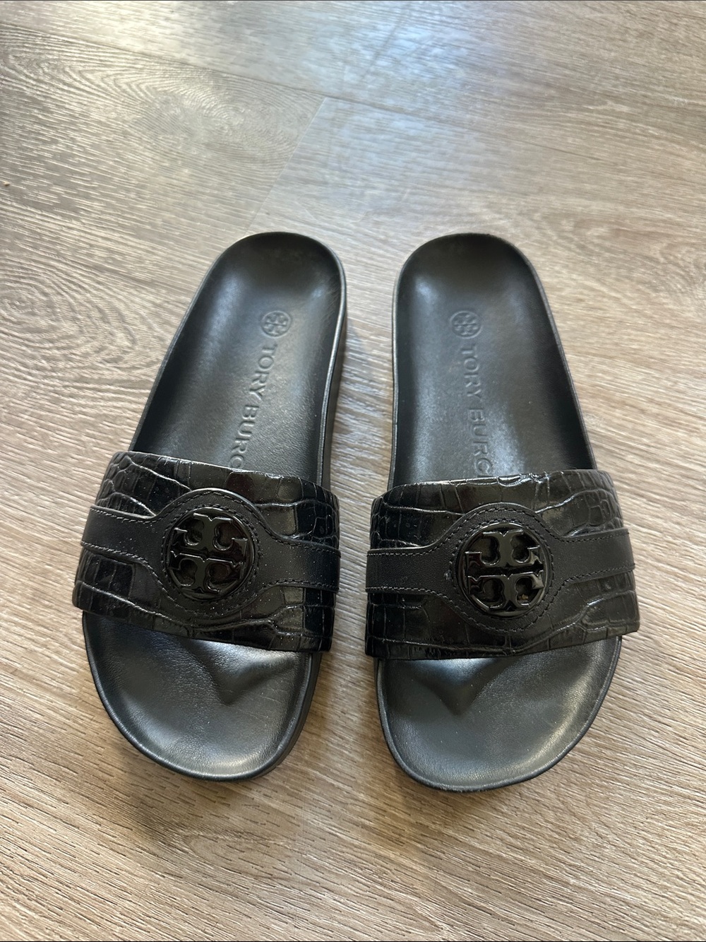 Tory Burch Black Croc-Embossed Logo Slide Sandals